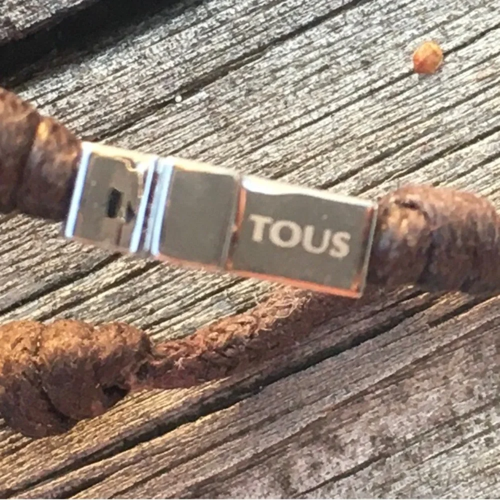 TOUS Brown Cord Bracelet with Stainless Steel Silver Cross Charm, Men Accessory